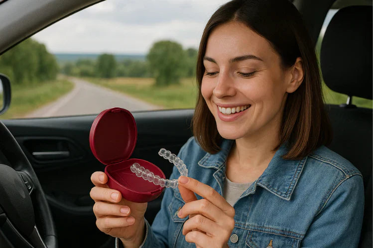 Seorang wanita tersenyum semasa dia mengembara, menarik penahannya keluar dari kotak mereka dan memandang mereka dengan kepuasan.