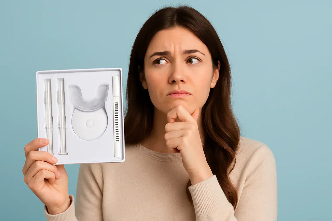 Seorang wanita memegang kit pemutihan gigi sambil memikirkan apa yang berkesan dan apa yang tidak.