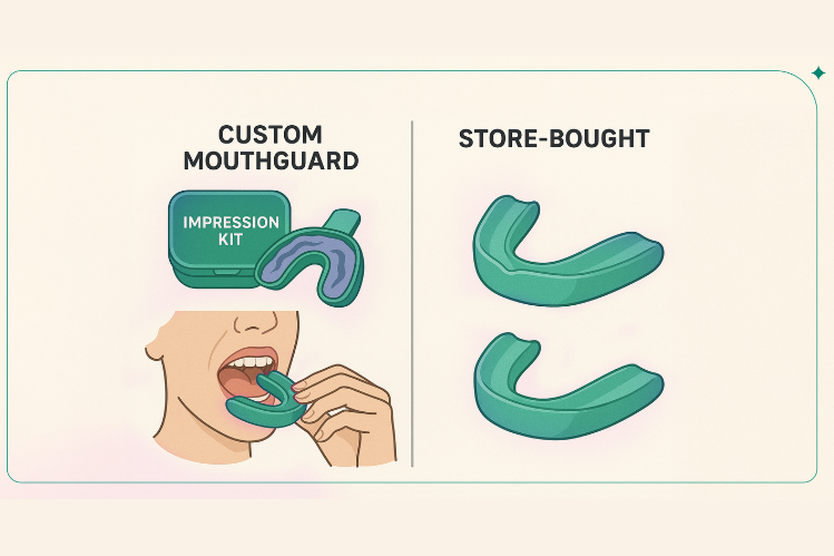 Perbandingan sebelah menyebelah bagi pengawal mulut tersuai vs. over-the-counter