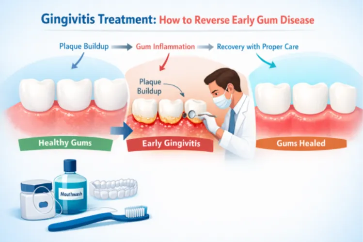 Imej menunjukkan gusi yang sihat, gingivitis awal dan pemulihan dengan alatan penjagaan pergigian.