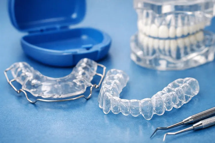 Pelbagai jenis penahan gigi ditetapkan pada latar belakang putih