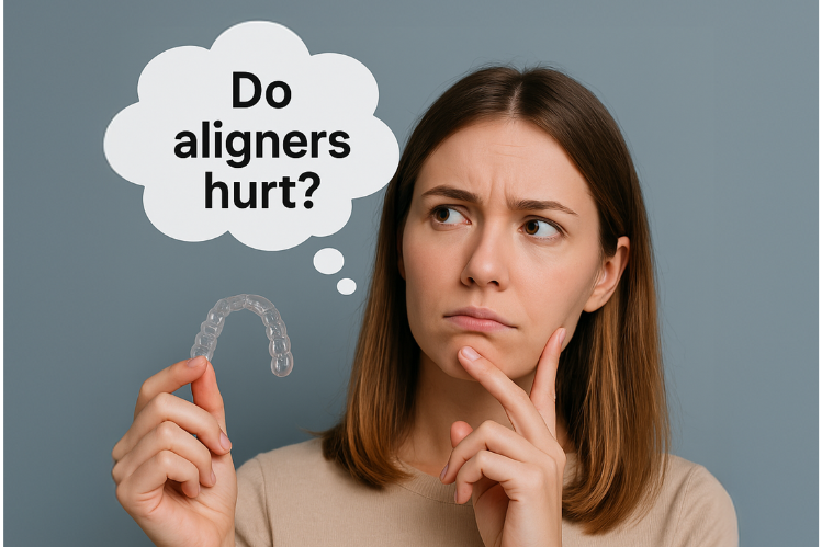 Seorang wanita memegang penjajar yang jelas sambil berfikir, "Adakah penjajaran menyakitkan?""