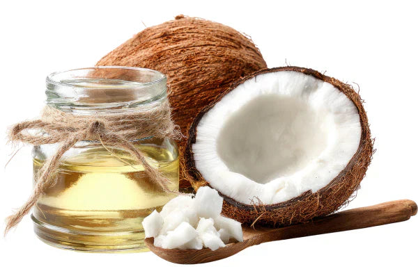 Imej minyak kelapa dan kelapa segar