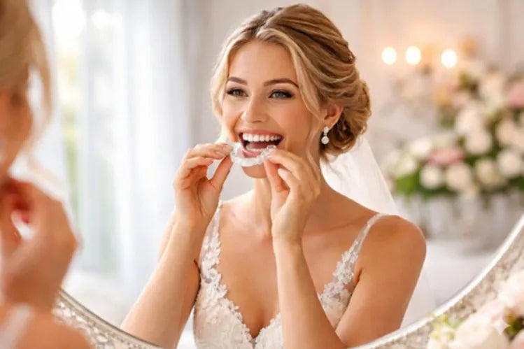 Seorang pengantin perempuan memakai penjajar yang jelas semasa mencuba gaun pengantin